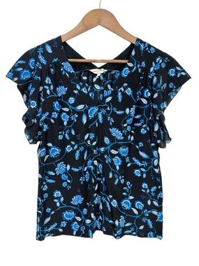 Rebecca Taylor Kyoto Floral Silk Top Size 2 Blue Black Print Flutter Sleeves